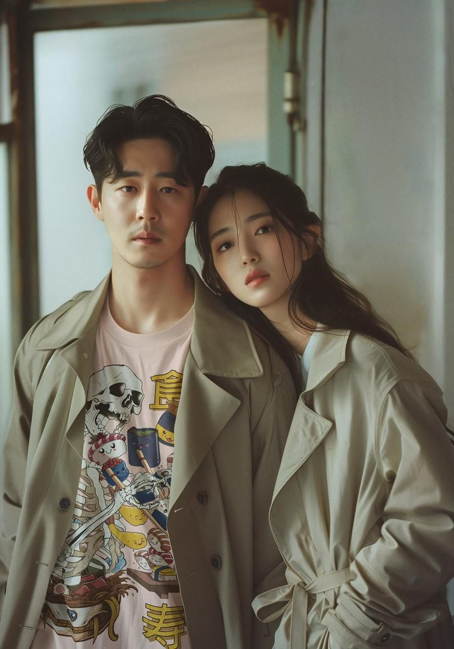 A man and woman in beige trench coats stand closely in a softly lit room. The man is wearing a Halloween-themed t-shirt.